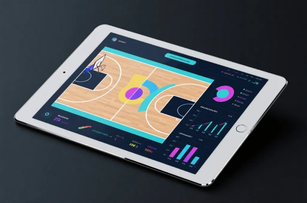 A high-tech digital tablet showing abstract basketball court graphics and statistical data charts in a clean design