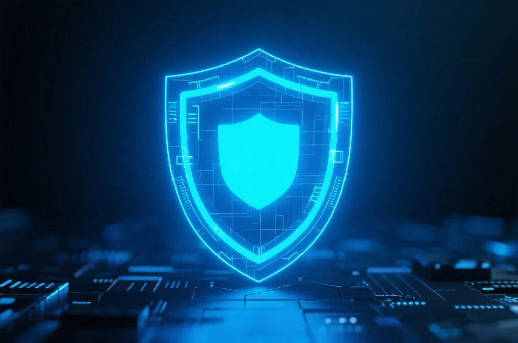 A secure digital shield glowing on a futuristic dark blue tech background, representing high level cyber security