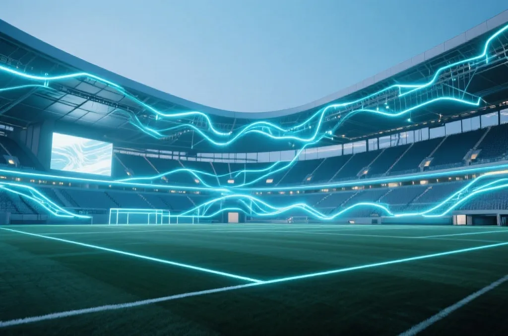 A modern high-tech sports stadium with glowing digital network lines, high-tech conceptual art, clean aesthetic