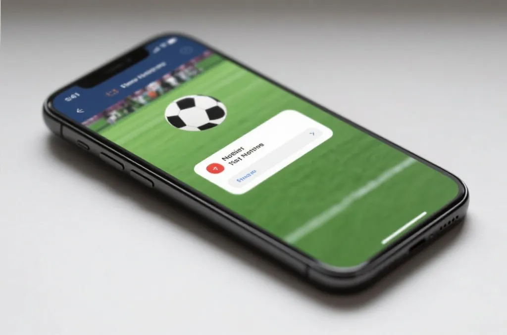 A close-up of a modern smartphone displaying a clean sports match notification pop-up on the screen, soft studio lighting, professional product shot